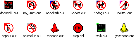 A dozen Sign Cursors. No Back-Stab, No U-Turn, No Smoking. Traffic Signs. Animated Stop Sign